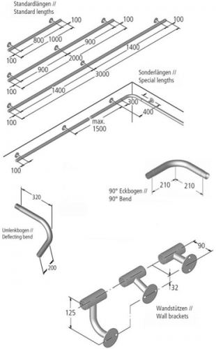 Поручень стеновой Ideal Standard нерж.сталь, 2 м (изогнутое крепление)