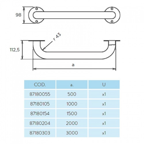 Поручень Flexinox 1000 мм с фланцами (87180105)