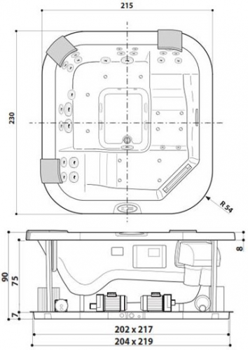 СПА бассейн Jacuzzi Italian Design Santorini Pro Sound 230x215x90 см чаша Platinum без обшивки (с теплообменником)