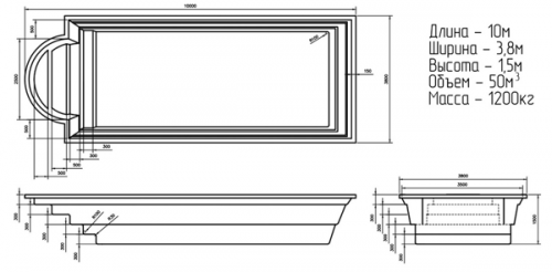 Композитный бассейн Ocean standart Классик 1038 10x3.85x1.5 м цвет: графит