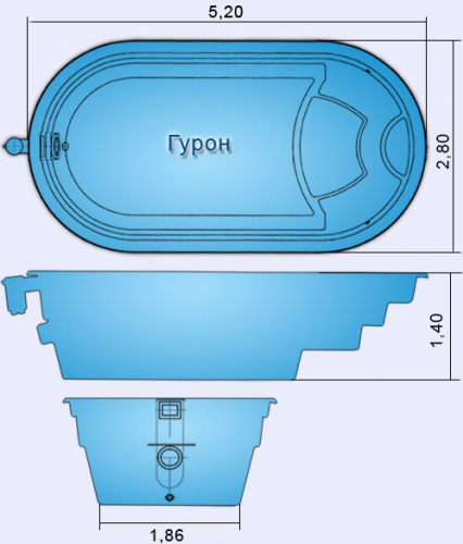 Композитный бассейн Fiber Pools Гурон 5,2х2,8 м глубина 1,40 м, цвет голубой гранит