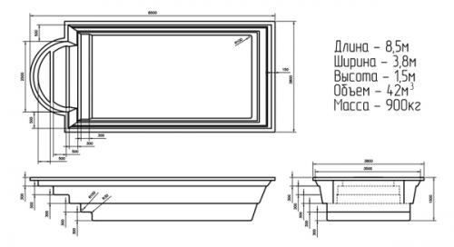 Композитный бассейн Ocean standart Классик 8538 8.5x3.85x1.5 м цвет: графит