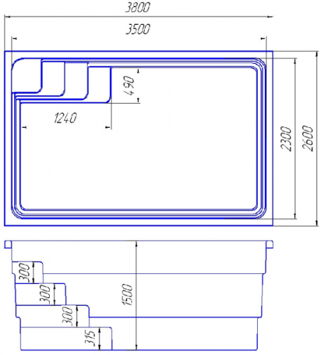 Композитный бассейн Престиж стандарт 3725, 3,8x2,6x1,5 м цвет ЗD