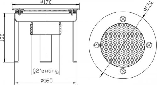 Водозабор под плитку из нерж. стали Xenozone с сетчатой крышкой д.165 2,0' (внутр.)